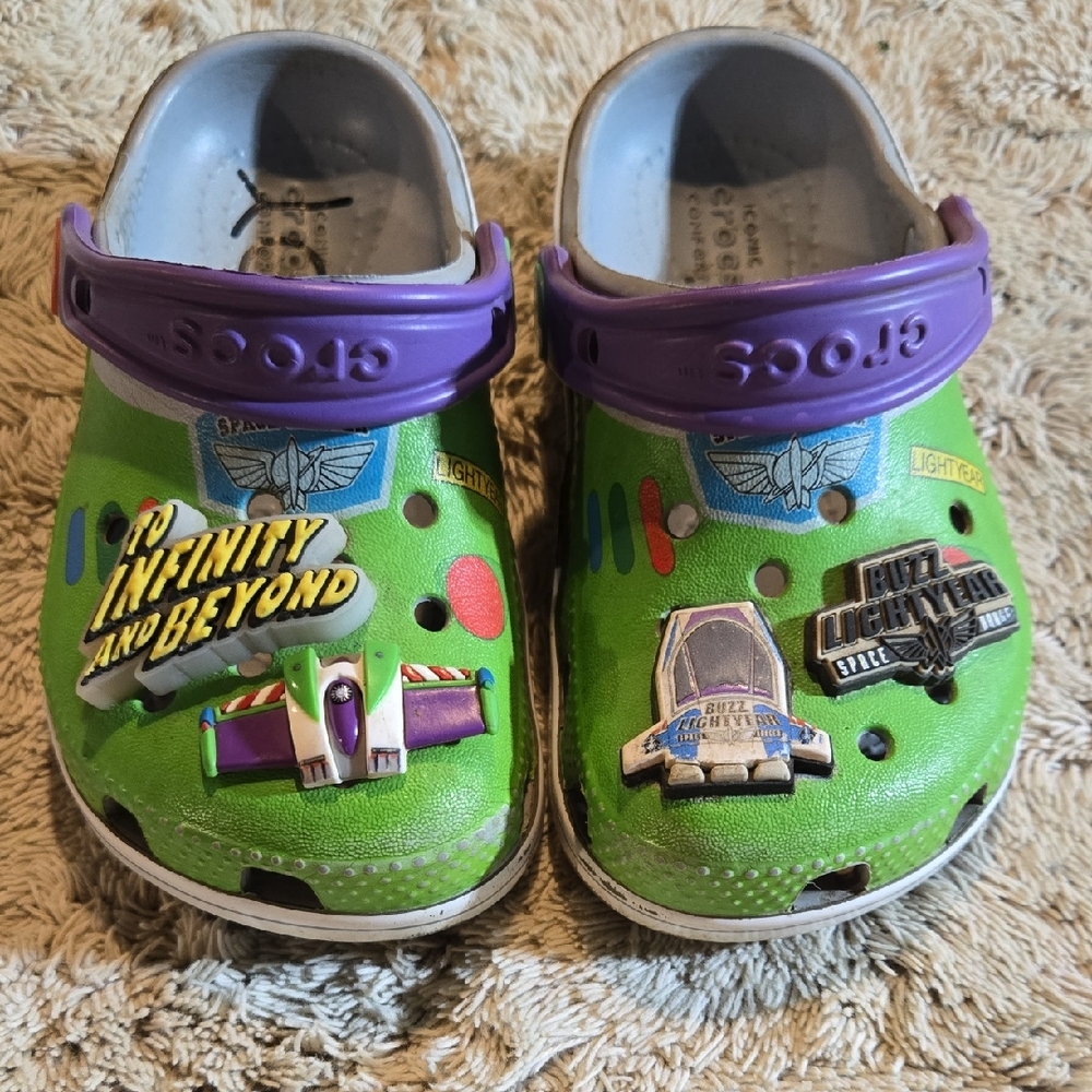 CROCS Kids' Green Clog with Purple Strap - Buzz Lightyear Accents